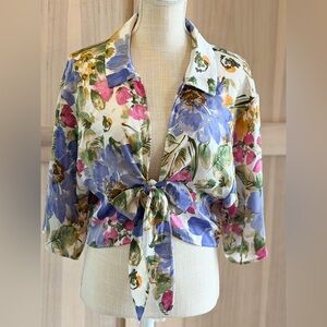 Pleione Floral Tie-Front Blouse | Shrug. Women’s Sz-XL Botanical | Delicate EUC